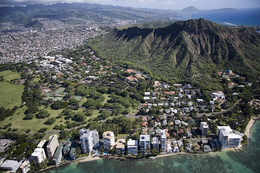 Aerial view of Diamond Head and the Honolulu shoreline in Hawaii