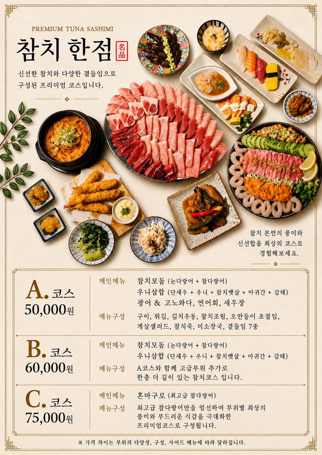 참치한점 코스 메뉴판, A코스 5만원 B코스 6만원 C코스 7만5천원 구성과 메인메뉴 안내
